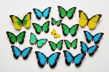 Collection of Beautiful Blue Green Yellow Butterflies Isolated on White