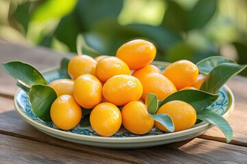 Wall Mural - Kumquats on a plate with leaves. This photo depicts a bowl of kumquats, ideal for showcasing fresh produce, healthy food, or Asian cuisine.