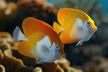 Wall Mural - Two vivid tropical fish glide through the crystal-clear water, highlighting their striking colors amidst a lively coral reef habitat