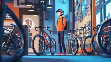 A young cyclist explores a vibrant bike shop, surrounded by a variety of bikes and colorful displays, ready for adventure.