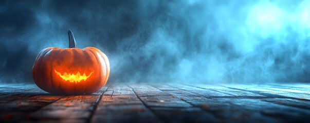 “Halloween Background Featuring a Spooky Pumpkin on a Wooden Table, Perfect for Halloween-Themed Decorations, Invitations, and Spooky Celebrations”
