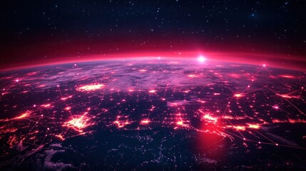 Wall Mural - A red-hued Earth with glowing lines representing digital connectivity, under a starry sky.