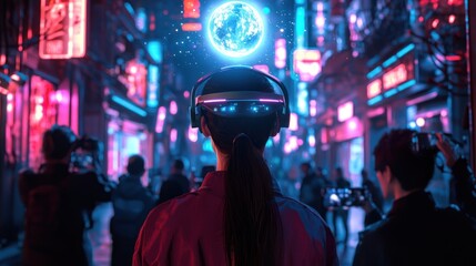 Sticker - Woman in VR Headset Looking Up at a Futuristic City