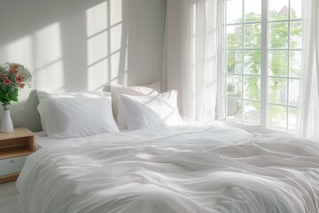 Inside the white bedroom with windows, clean the white bed and pillows in the room