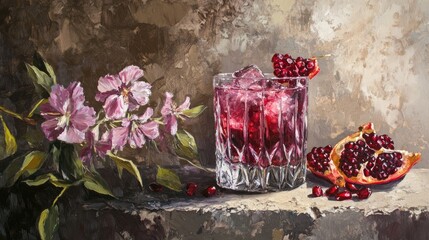 Oil painting depicting a crystal glass of pomegranate margarita cocktail alongside floral accents on textured concrete surfaces