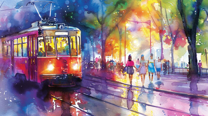 A lively urban street comes alive at dusk with a vintage tram and pedestrians illuminated by colorful lights in a vibrant watercolor style