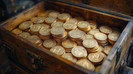 Golden Coins in Antique Wooden Chest  Treasure  Riches  Wealth