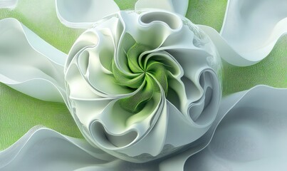 Abstract line art illustration featuring a surreal alien 3D sphere or flower characterized by organic curves and smooth bio forms in a matte white plastic material adorned with green line patterns