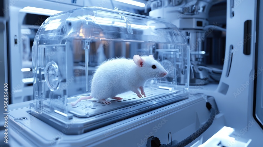 White rat within a high-tech scientific experiment box, set in a ...