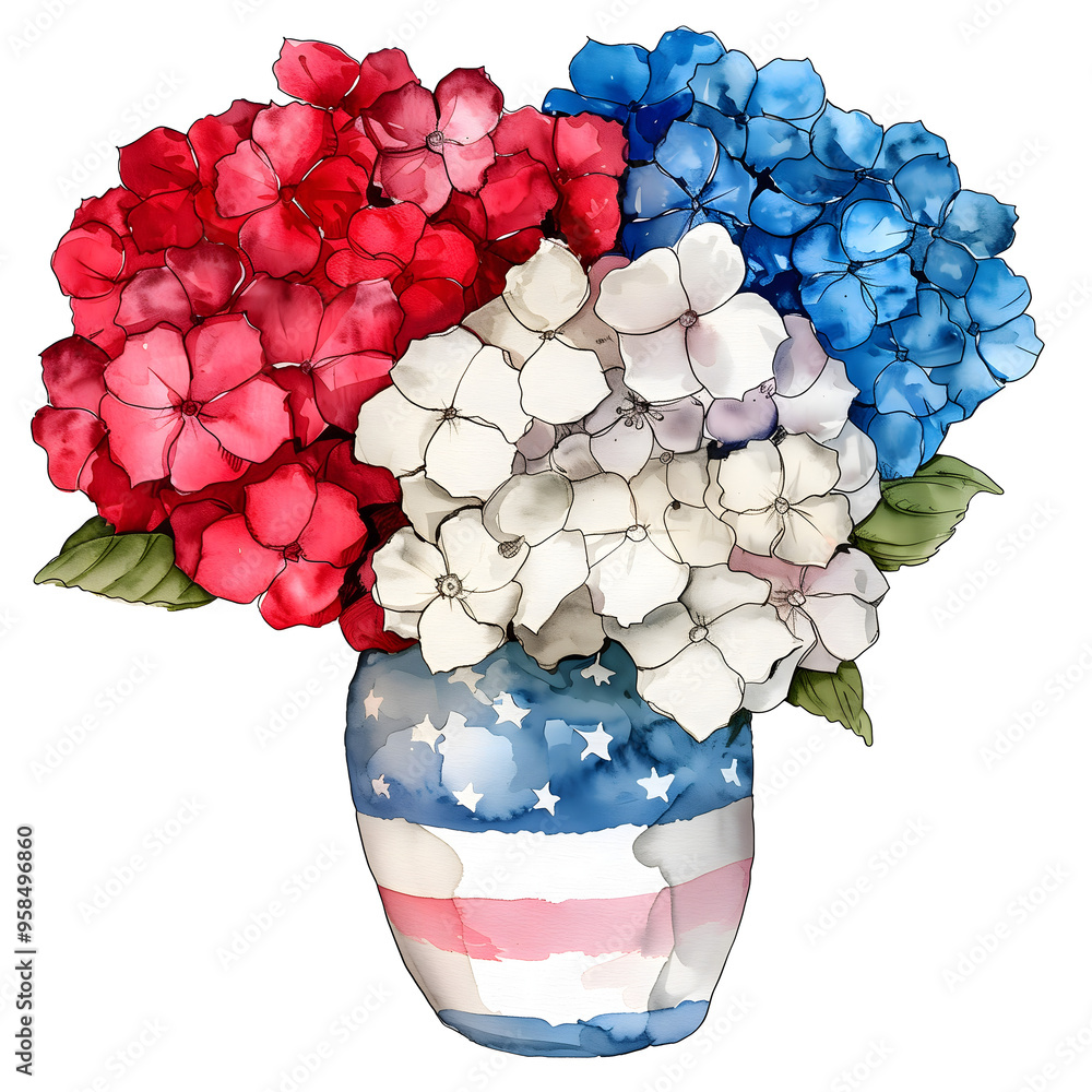 Hydrangea flower bouquet in American flag inspired vase. Red blue white ...