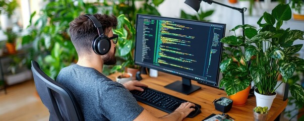 A focused programmer works on code at a stylish desk, surrounded by lush plants and modern technology, showcasing a vibrant workspace.