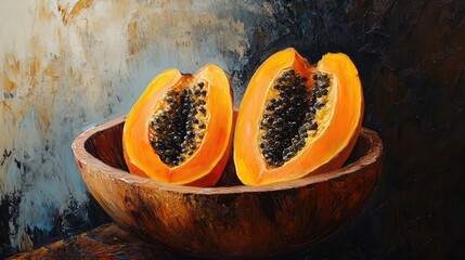 Wall Mural - Oil painting depicting a halved yellow orange papaya in a wooden bowl showcasing fresh papaya in an artistic style