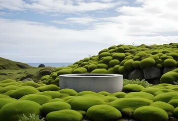 Wall Mural - A concrete planter or basin surrounded by lush, overgrown moss-covered rocks and vegetation in a natural outdoor setting