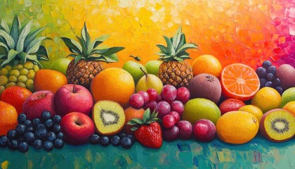 Wall Mural - Vibrant oil painting featuring an assortment of fresh fruits promoting a healthy lifestyle with a colorful fruit themed background