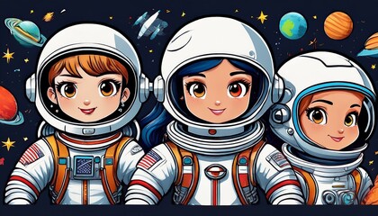 Cute little children astronaut cartoons in space