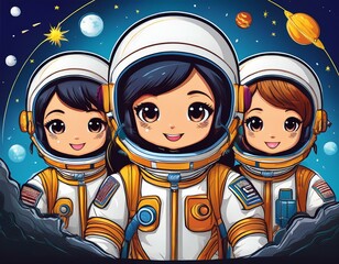 Female  cute little cartoon characters in space