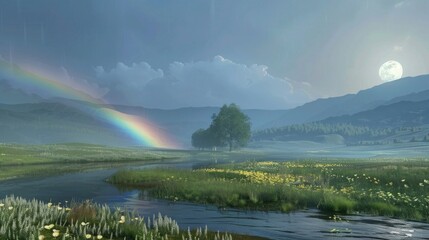 Landscape with moon and green hills of flood meadows. 3d render evening rainbow