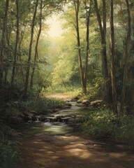 Wall Mural - Oil painting depicting a serene woodland scene showcasing a blend of natural elements and artistic techniques