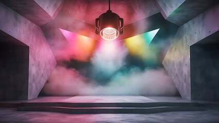 Glowing colored spotlight in concrete interior and fog. Stage concept and copy space. 3D Rendering