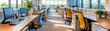 © WACHI - A modern office workspace with bright lighting, ergonomic chairs, and large windows, promoting productivity and collaboration.