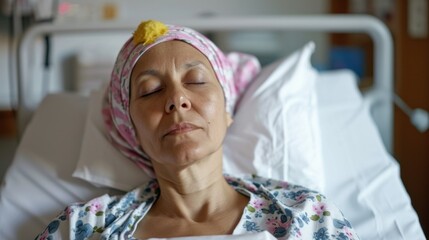 A woman who is battling cancer is laying peacefully in a hospital bed