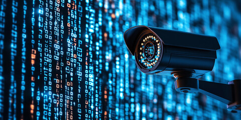 A surveillance camera against a backdrop of glowing binary code, representing the intersection of security technologies and vast flows of digital information.