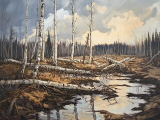 Wall Mural - Oil painting depicting felled trees focusing on birches with surrounding elements in the background