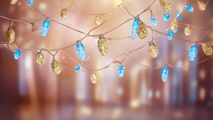 Wall Mural - Glitter vintage lights background. light gold and blue. defocused.