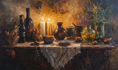 Oil painting depicting a witch s altar featuring magical items candles and elements of pagan or Wiccan practices emphasizing potent mystical themes