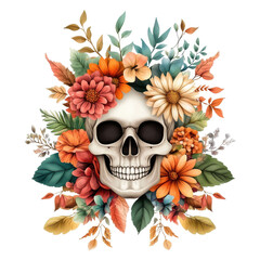 Wall Mural - Skull with Floral Wreath  Day of the Dead  Watercolor Illustration