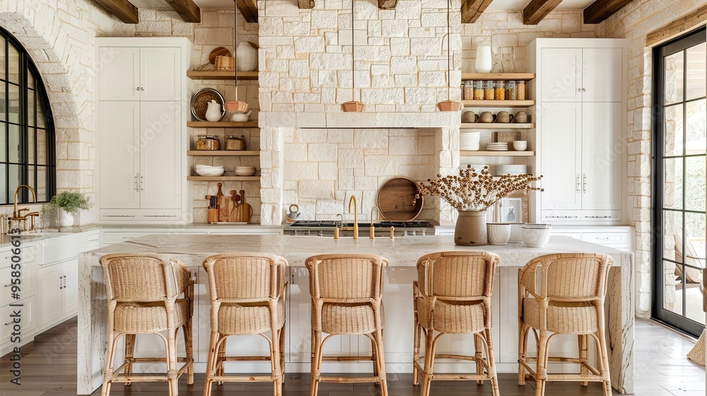 Rustic farmhouse kitchen with stone walls, natural wood beams, and an ...