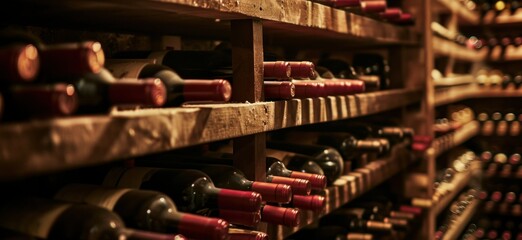 Resting wine bottles stacked on wooden racks in cellar