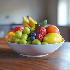 Wall Mural - Create a photo of a realistic fruit bowl from an interesting angle with a room background -generative ai