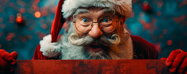 A joyful Santa Claus welcomes the holiday season with a big red sign amidst colorful decorations and twinkling lights