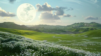 Landscape with moon and green hills of flood meadows. 3d render evening rainbow