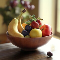 Wall Mural - Create a photo of a realistic fruit bowl from an interesting angle with a room background -generative ai