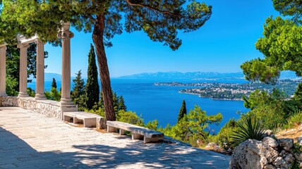 Breathtaking view from a scenic terrace overlooking a serene blue sea, framed by lush greenery and ancient stone columns.