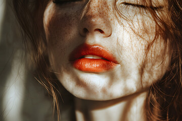  Radiant Beauty: Close-Up of Freckled Woman with Red Lips in Natural Light