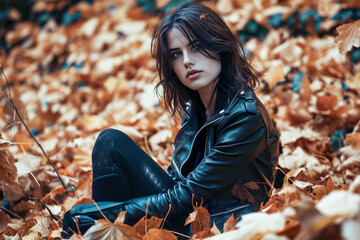 Wall Mural - Pensive young woman in a black leather jacket sitting among fallen autumn leaves