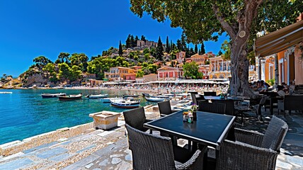 Picturesque seaside cafe with stunning views of colorful buildings and boats on a clear day, perfect for relaxation and dining.