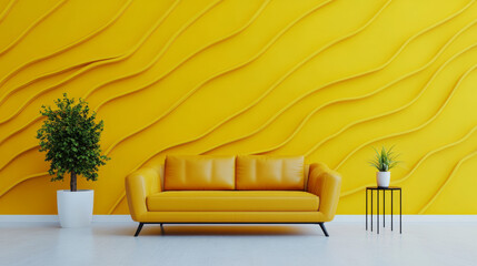 Wall Mural - A modern living room with a yellow sofa, textured yellow wall, and minimalist decor including a small side table with plants on either side.