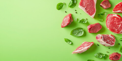 Various cuts of raw beef steak and fresh basil leaves are arranged on a green background, ready for cooking.