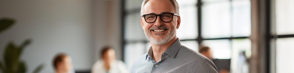 Sticker - A man with glasses is smiling and posing for a picture. He is wearing a black and white shirt