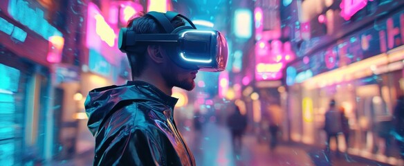 Wall Mural - Man Wearing VR Headset in Futuristic City Setting