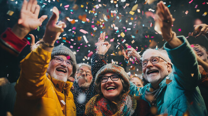 a group of mature senior friends have new year party with confetti