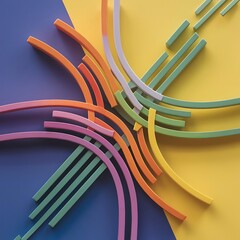 Top view of curved multicolored lines on blue and yellow background