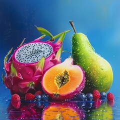 Wall Mural - Draw photorealistic fruits, exactly as they should be. Such fruits: like dragon fruit, red apples, green pears. background color is blue, fresh juicy fruits, droplets of water on them generative ai