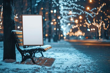 Poster - Blank Sign on a Snowy Bench Under Night Lights