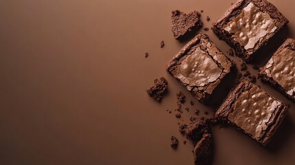 Wall Mural - Close-Up of Chocolate Brownies with Crumbs on Brown Background