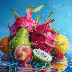 Wall Mural - Draw photorealistic fruits, exactly as they should be. Such fruits: like dragon fruit, red apples, green pears. background color is blue, fresh juicy fruits, droplets of water on them generative ai